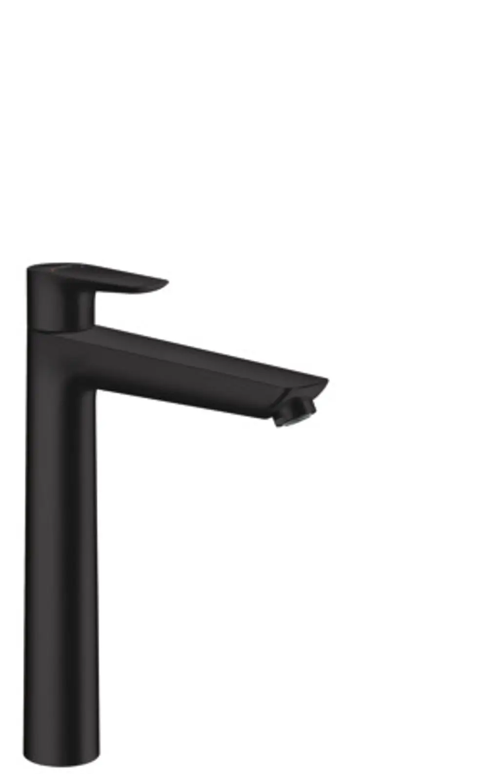 Ein schwarzer Einhebel-Waschtischmischer von Hansgrohe mit rechtwinkliger Form und integriertem Auslauf, geeignet für Aufsatzwaschtische und mit Zugstangen-Ablaufgarnitur.